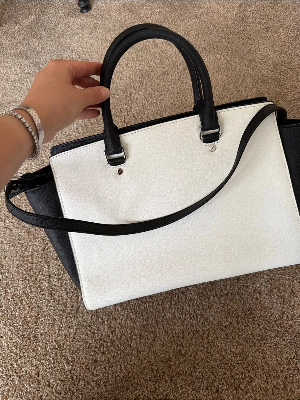 Michael Kors Black and White Saffiano Leather Satchel with Top Handles